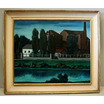 QUADRO DIPINTO OLIO TAVOLA  Fulvio Pendini PAESAGGIO VERDE BLU BORGO FIUME '900