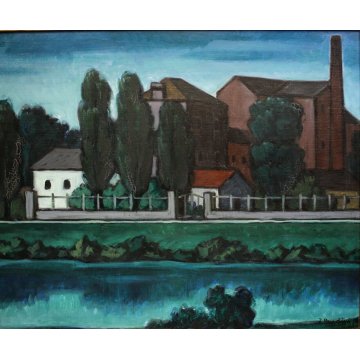 QUADRO DIPINTO OLIO TAVOLA  Fulvio Pendini PAESAGGIO VERDE BLU BORGO FIUME '900