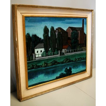 QUADRO DIPINTO OLIO TAVOLA  Fulvio Pendini PAESAGGIO VERDE BLU BORGO FIUME '900