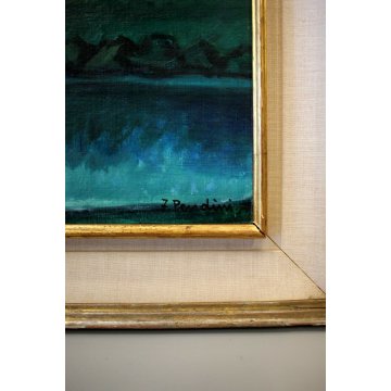 QUADRO DIPINTO OLIO TAVOLA  Fulvio Pendini PAESAGGIO VERDE BLU BORGO FIUME '900