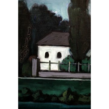 QUADRO DIPINTO OLIO TAVOLA  Fulvio Pendini PAESAGGIO VERDE BLU BORGO FIUME '900