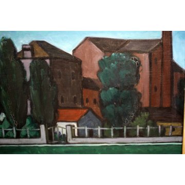 QUADRO DIPINTO OLIO TAVOLA  Fulvio Pendini PAESAGGIO VERDE BLU BORGO FIUME '900