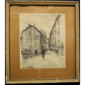 COPPIA ANTICHI QUADRI Gentile Bernardo DISEGNI MATITA PAESAGGI BORGO CITTA' 1955