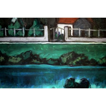 QUADRO DIPINTO OLIO TAVOLA  Fulvio Pendini PAESAGGIO VERDE BLU BORGO FIUME '900