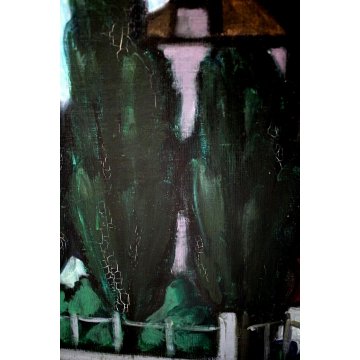 QUADRO DIPINTO OLIO TAVOLA  Fulvio Pendini PAESAGGIO VERDE BLU BORGO FIUME '900