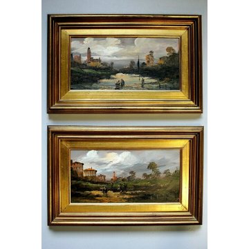 COPPIA  ANTICO DIPINTO OLIO SU RAME L. Cargnel TRAMONTO PAESAGGIO FIGURE LAGO 