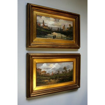 COPPIA  ANTICO DIPINTO OLIO SU RAME L. Cargnel TRAMONTO PAESAGGIO FIGURE LAGO 