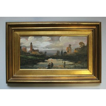 COPPIA  ANTICO DIPINTO OLIO SU RAME L. Cargnel TRAMONTO PAESAGGIO FIGURE LAGO 