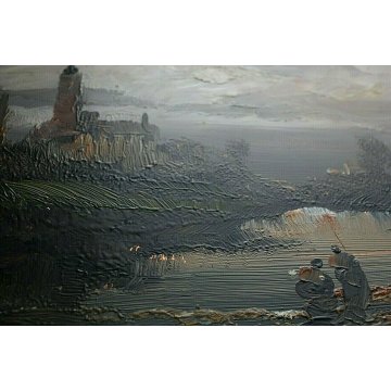 COPPIA  ANTICO DIPINTO OLIO SU RAME L. Cargnel TRAMONTO PAESAGGIO FIGURE LAGO 