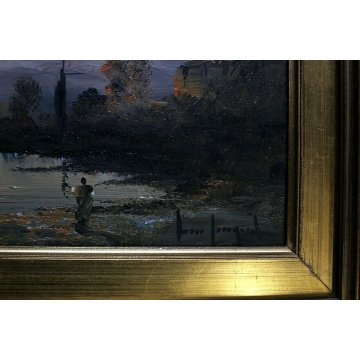 COPPIA  ANTICO DIPINTO OLIO SU RAME L. Cargnel TRAMONTO PAESAGGIO FIGURE LAGO 