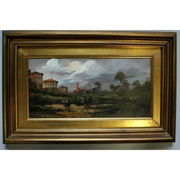 COPPIA  ANTICO DIPINTO OLIO SU RAME L. Cargnel TRAMONTO PAESAGGIO FIGURE LAGO 