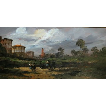 COPPIA  ANTICO DIPINTO OLIO SU RAME L. Cargnel TRAMONTO PAESAGGIO FIGURE LAGO 