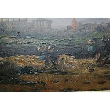 COPPIA  ANTICO DIPINTO OLIO SU RAME L. Cargnel TRAMONTO PAESAGGIO FIGURE LAGO 