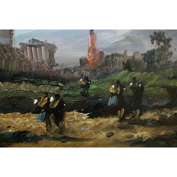 COPPIA  ANTICO DIPINTO OLIO SU RAME L. Cargnel TRAMONTO PAESAGGIO FIGURE LAGO 