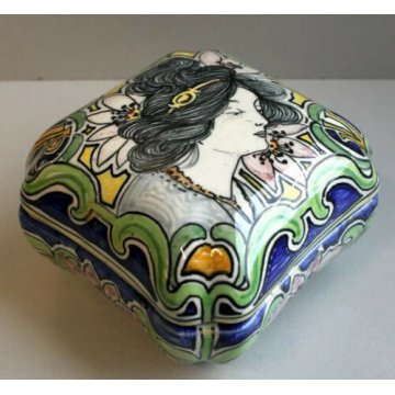 ANTICA SCATOLA CERAMICA Molaroni Pesaro DECORO FIGURA FEMMINILE LIBERTY