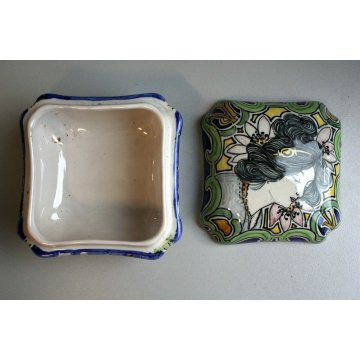 ANTICA SCATOLA CERAMICA Molaroni Pesaro DECORO FIGURA FEMMINILE LIBERTY