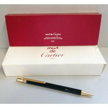 PENNA SFERA Must De Cartier TRINITY LACCA NERA ORO vintage BALLPOINT PEN BOX