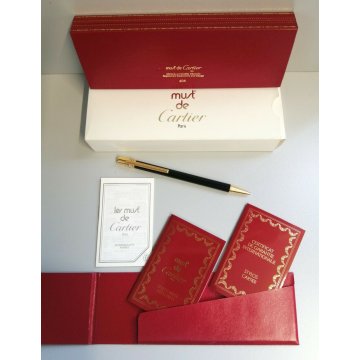 PENNA SFERA Must De Cartier TRINITY LACCA NERA ORO vintage BALLPOINT PEN BOX