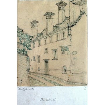 Lotto 4 QUADRI C.Zapelloni DISEGNI PAESAGGIO SCHIZZI MATITA PENNA Craveggia 1956