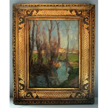 ANTICO QUADRO DIPINTO OLIO CARTONCINO PAESAGGIO PIANURA RUSCELLO FIRMATO 1900