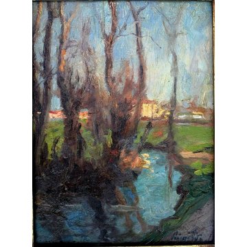 ANTICO QUADRO DIPINTO OLIO CARTONCINO PAESAGGIO PIANURA RUSCELLO FIRMATO 1900