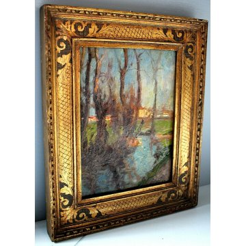 ANTICO QUADRO DIPINTO OLIO CARTONCINO PAESAGGIO PIANURA RUSCELLO FIRMATO 1900