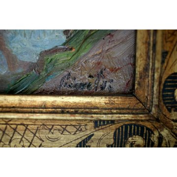 ANTICO QUADRO DIPINTO OLIO CARTONCINO PAESAGGIO PIANURA RUSCELLO FIRMATO 1900