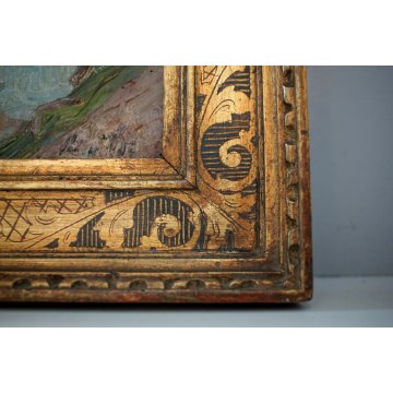 ANTICO QUADRO DIPINTO OLIO CARTONCINO PAESAGGIO PIANURA RUSCELLO FIRMATO 1900