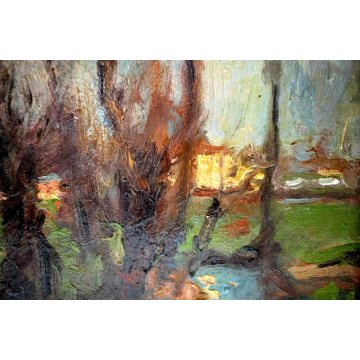 ANTICO QUADRO DIPINTO OLIO CARTONCINO PAESAGGIO PIANURA RUSCELLO FIRMATO 1900