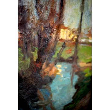 ANTICO QUADRO DIPINTO OLIO CARTONCINO PAESAGGIO PIANURA RUSCELLO FIRMATO 1900