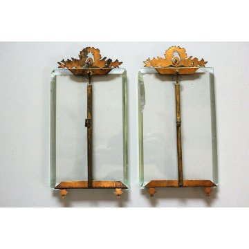 ANTICA COPPIA CORNICE LIBERTY CRISTALLO MOLATO METALLO DORATO FIORI FOGLIE '900