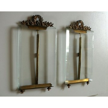 ANTICA COPPIA CORNICE LIBERTY CRISTALLO MOLATO METALLO DORATO FIORI FOGLIE '900