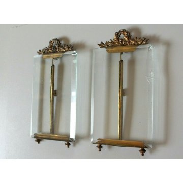 ANTICA COPPIA CORNICE LIBERTY CRISTALLO MOLATO METALLO DORATO FIORI FOGLIE '900