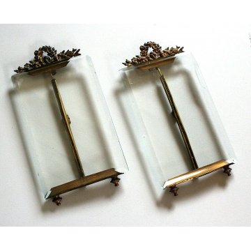 ANTICA COPPIA CORNICE LIBERTY CRISTALLO MOLATO METALLO DORATO FIORI FOGLIE '900