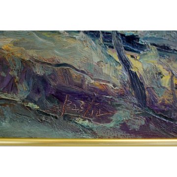 DIPINTO OLIO L.BASTIA "Il fosso della bassa" PAESAGGIO PIANURA CAVACURTA LODI 99