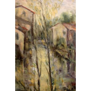 DIPINTO OLIO L. BASTIA Vecchie case PAESAGGIO FLUVIALE PIANURA LODI MILANO 1994