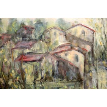 DIPINTO OLIO L. BASTIA Vecchie case PAESAGGIO FLUVIALE PIANURA LODI MILANO 1994