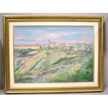 DIPINTO OLIO JUTA L. BASTIA Veduta Ziano Piacentino PAESAGGIO COLLI BORGO ANTICO