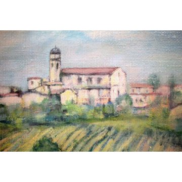 DIPINTO OLIO JUTA L. BASTIA Veduta Ziano Piacentino PAESAGGIO COLLI BORGO ANTICO