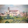 DIPINTO OLIO JUTA L. BASTIA Veduta Ziano Piacentino PAESAGGIO COLLI BORGO ANTICO