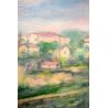 DIPINTO OLIO JUTA L. BASTIA Veduta Ziano Piacentino PAESAGGIO COLLI BORGO ANTICO