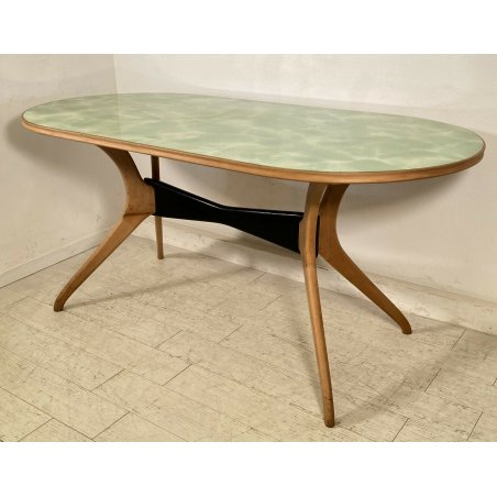 TAVOLO VINTAGE LEGNO FAGGIO STILE ICO PARISI VETRO EFFETTO MARMO VERDE ANNI 50 