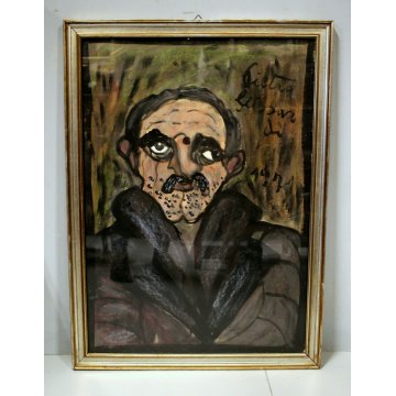 DIPINTO GUASH CARTONE Pietro Ghizzardi RITRATTO omaggio a Ligabue 1971 NAIF