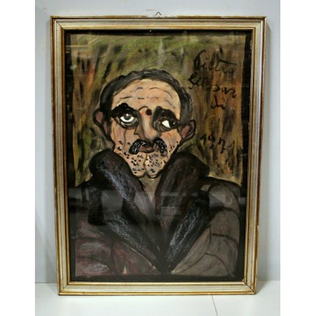 DIPINTO GUASH CARTONE Pietro Ghizzardi RITRATTO omaggio a Ligabue 1971 NAIF