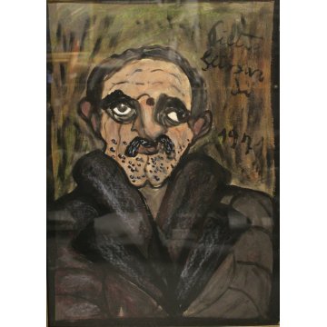 DIPINTO GUASH CARTONE Pietro Ghizzardi RITRATTO omaggio a Ligabue 1971 NAIF