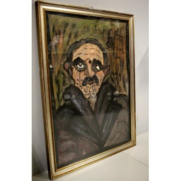 DIPINTO GUASH CARTONE Pietro Ghizzardi RITRATTO omaggio a Ligabue 1971 NAIF