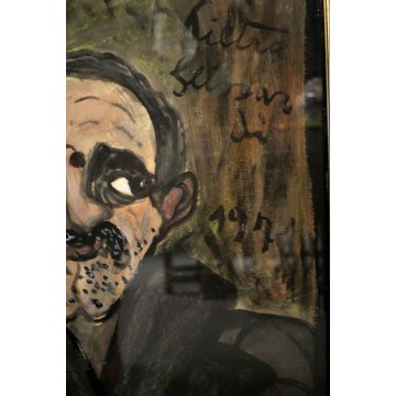 DIPINTO GUASH CARTONE Pietro Ghizzardi RITRATTO omaggio a Ligabue 1971 NAIF