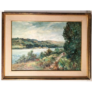 ANTICO QUADRO DIPINTO FIRMATO BUSTI DIPINTO OLIO TELA LAGO FIUME CORNICE ARTE