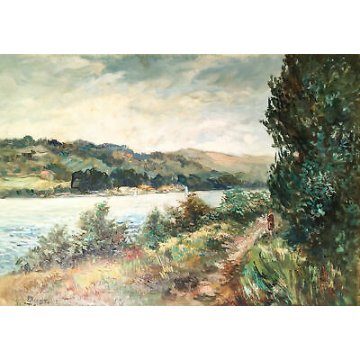 ANTICO QUADRO DIPINTO FIRMATO BUSTI DIPINTO OLIO TELA LAGO FIUME CORNICE ARTE