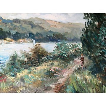 ANTICO QUADRO DIPINTO FIRMATO BUSTI DIPINTO OLIO TELA LAGO FIUME CORNICE ARTE